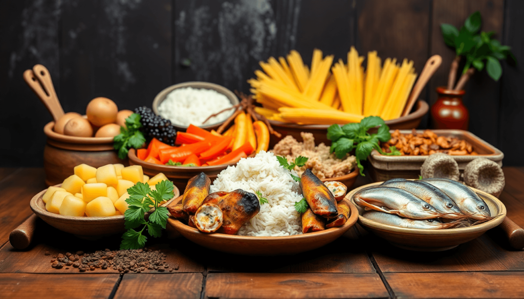 A beautifully arranged spread of traditional Chilean dishes on a rustic wooden table