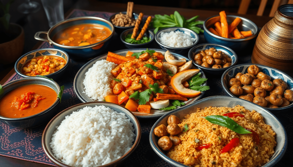 A colorful arrangement of Malaysian dishes on a traditional table