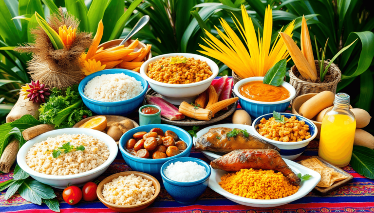 A colorful arrangement of traditional Puerto Rican dishes