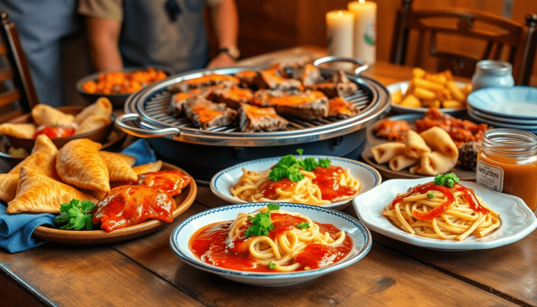 A colorful array of traditional Argentinian dishes on a rustic table