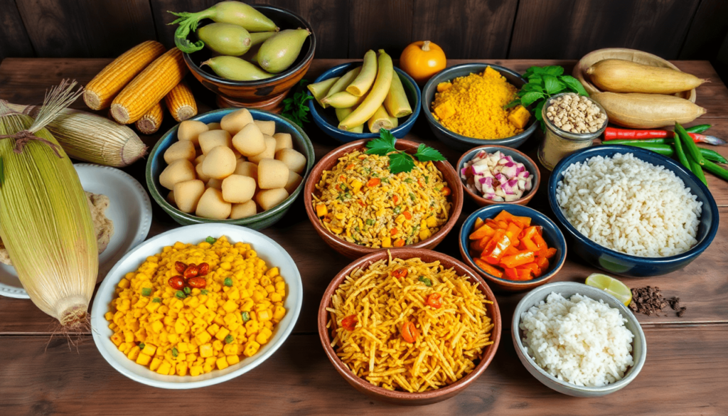 A colorful array of traditional Colombian dishes featuring corn