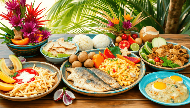 A colorful array of traditional Oceania dishes with fresh fish