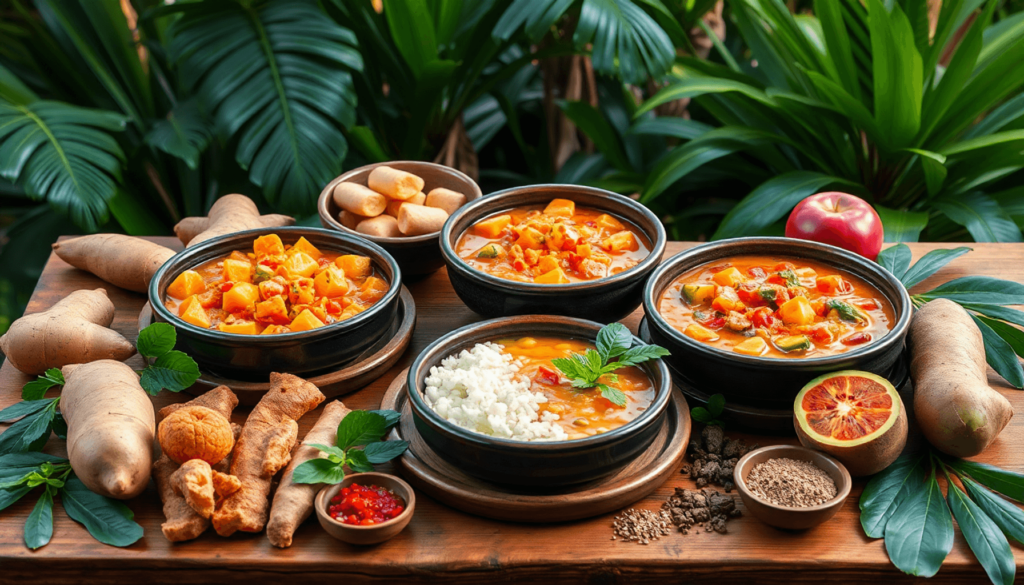 A colorful display of traditional Dominican dishes