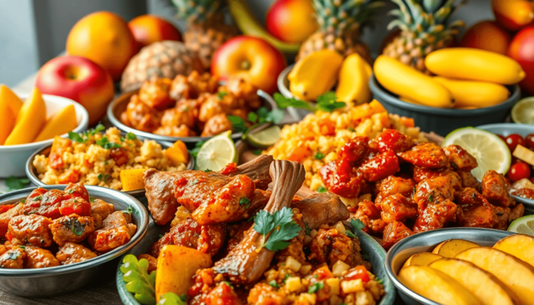 A colorful spread of Jamaican cuisine featuring jerk chicken