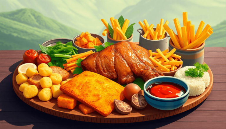 A colorful spread of traditional New Zealand dishes featuring hāngī