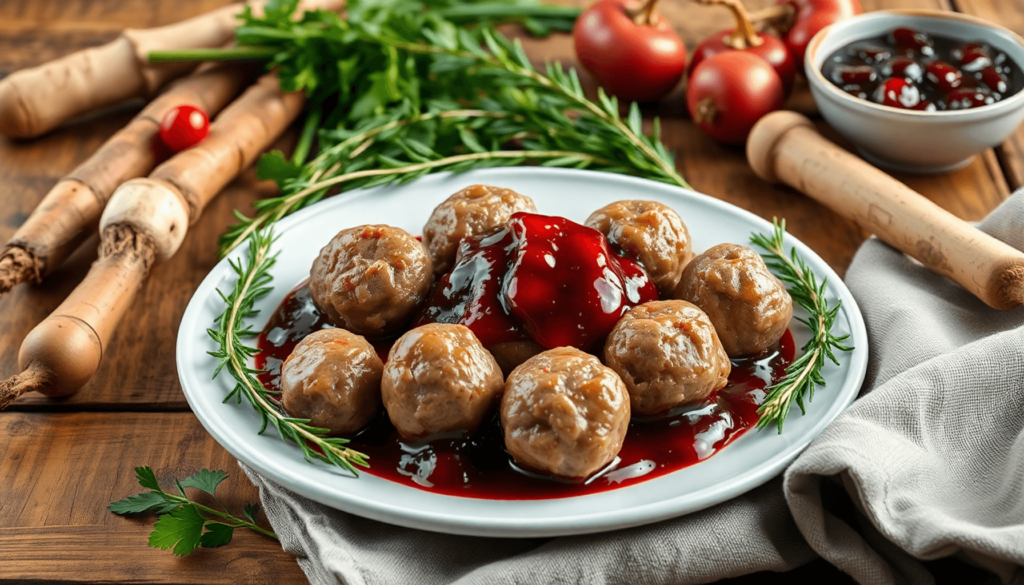 A plate of traditional Swedish meatballs with lingonberry jam
