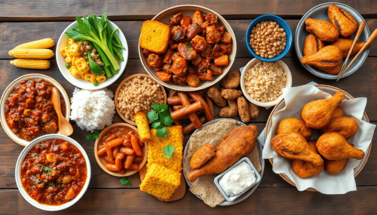 A rustic wooden table displays a vibrant spread of iconic American dishes