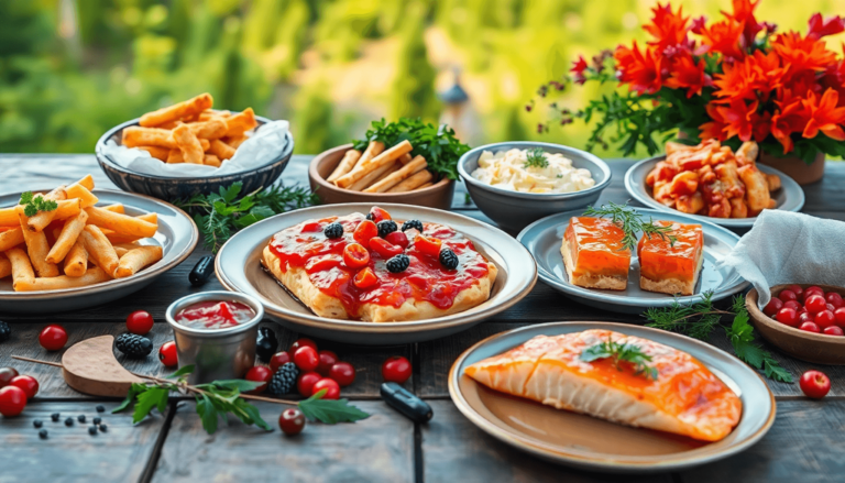 A rustic wooden table displays traditional Canadian dishes like poutine