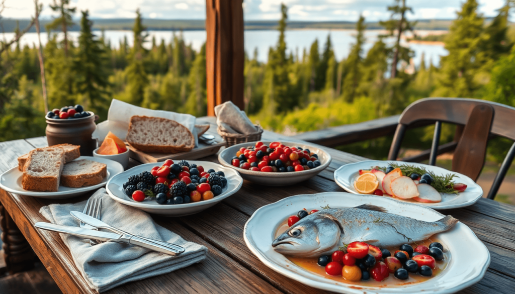 A rustic wooden table displays traditional Finnish dishes