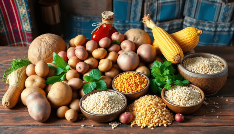 A vibrant arrangement of traditional Peruvian ingredients like colorful potatoes