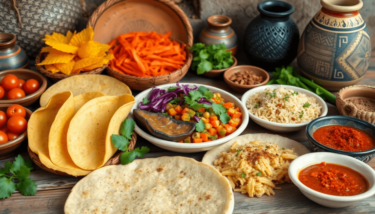 A vibrant display of traditional Mexican dishes with corn tortillas