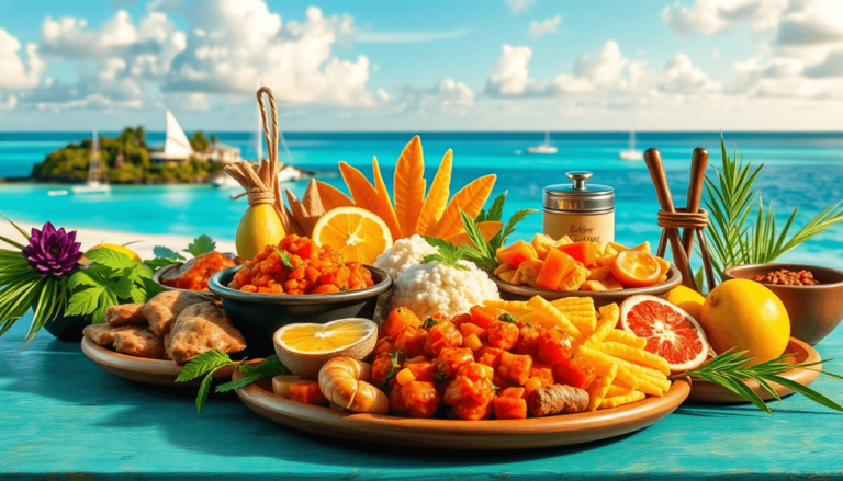 A vibrant spread of traditional Bahamian dishes with fresh seafood