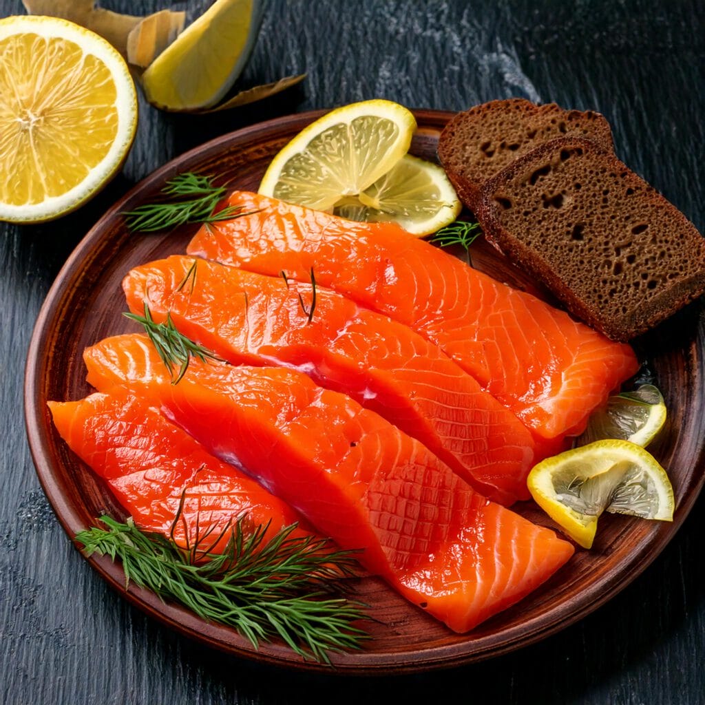 Firefly Delicious smoked salmon fillets with a rich orange hue garnished with fresh dill and lemon